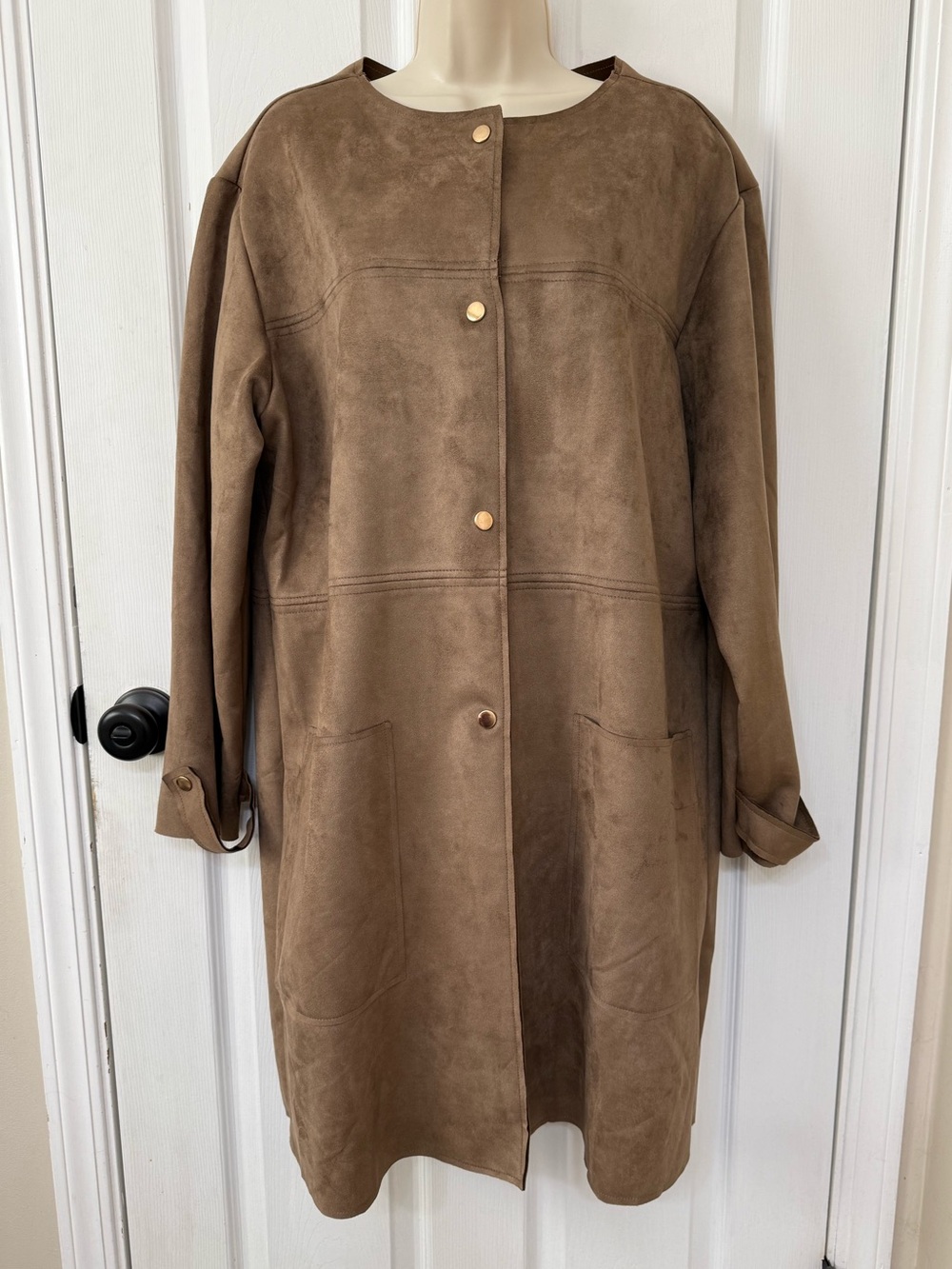 Philosophy Faux Suede Duster Coat Brown Snap Front Topper Jacket XL - Picture 2 of 13